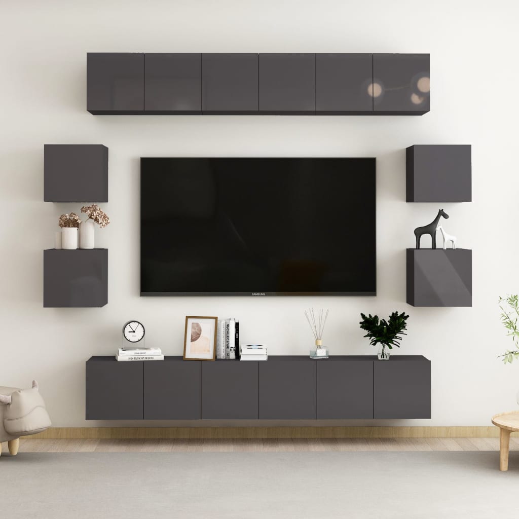 Set Mobili TV 10 pz Grigio Lucido in Legno Multistrato