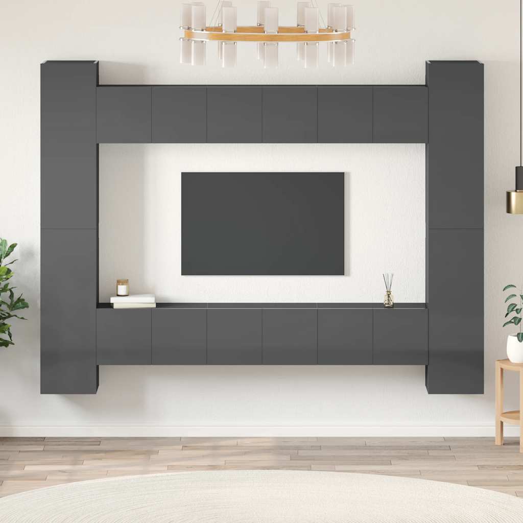 Set Mobili TV 10 pz Grigio Lucido in Legno Multistrato