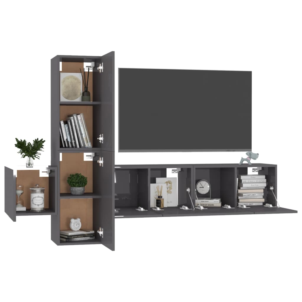 Set Mobili TV 5 pz Grigio Lucido in Legno Multistrato