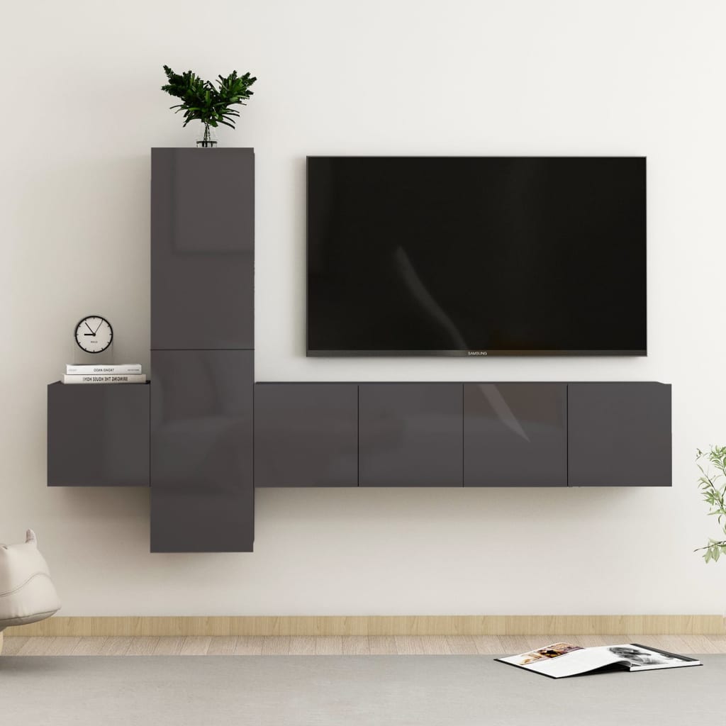 Set Mobili TV 5 pz Grigio Lucido in Legno Multistrato