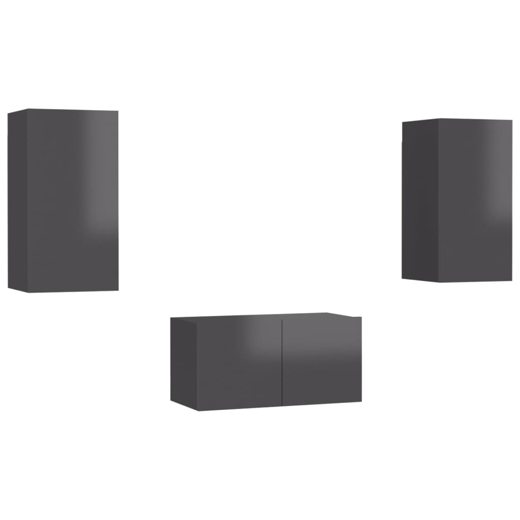 Set Mobili TV 3 pz Grigio Lucido in Legno Multistrato