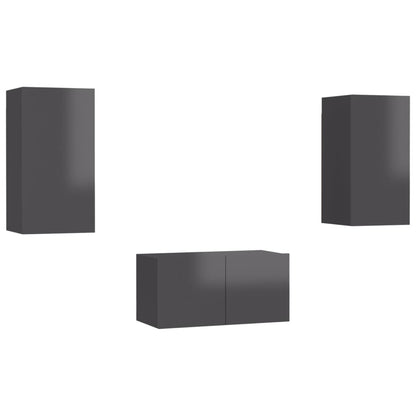 Set Mobili TV 3 pz Grigio Lucido in Legno Multistrato