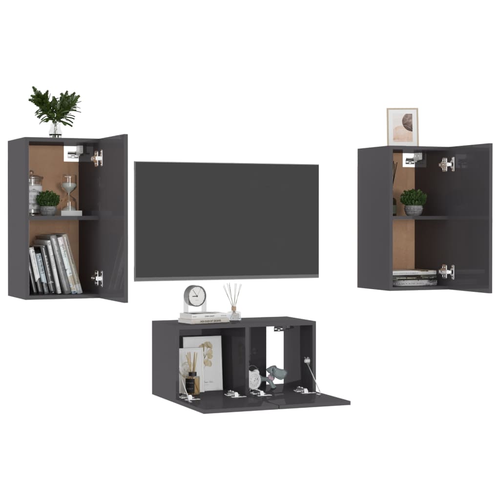 Set Mobili TV 3 pz Grigio Lucido in Legno Multistrato
