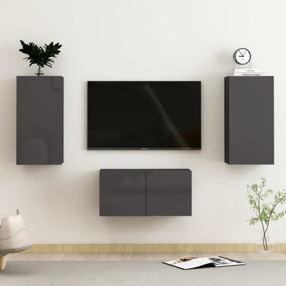 Set Mobili TV 3 pz Grigio Lucido in Legno Multistrato