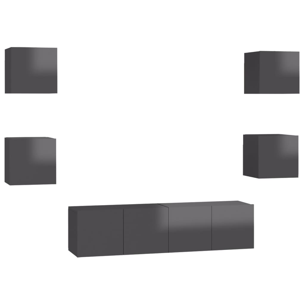 Set Mobili TV 6 pz Grigio Lucido in Legno Multistrato