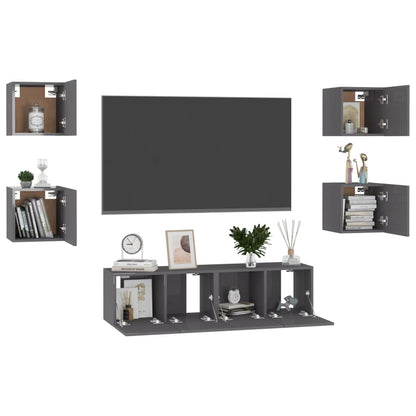 Set Mobili TV 6 pz Grigio Lucido in Legno Multistrato