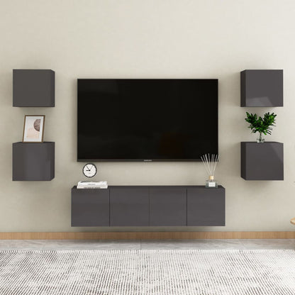 Set Mobili TV 6 pz Grigio Lucido in Legno Multistrato