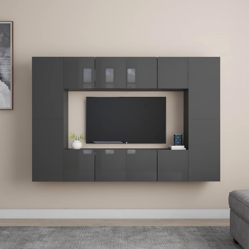 Set Mobili TV 8 pz Grigio Lucido in Legno Multistrato