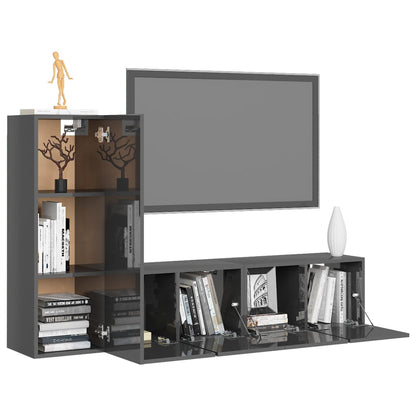 Set Mobili TV 3 pz Grigio Lucido in Legno Multistrato