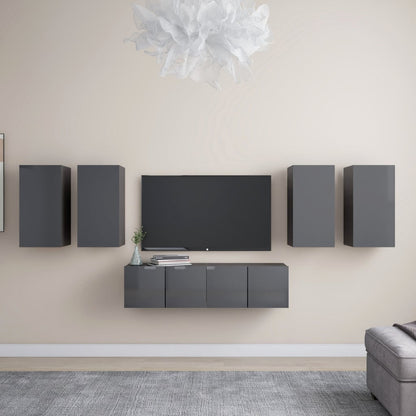 Set Mobili TV 6 pz Grigio Lucido in Legno Multistrato
