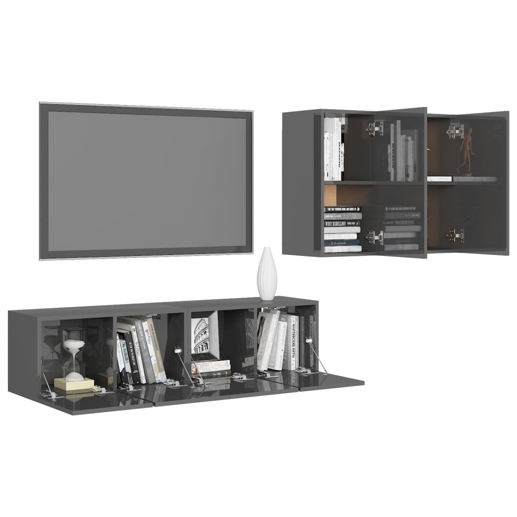 Set Mobili TV 4 pz Grigio Lucido in Legno Multistrato
