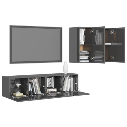 Set Mobili TV 4 pz Grigio Lucido in Legno Multistrato