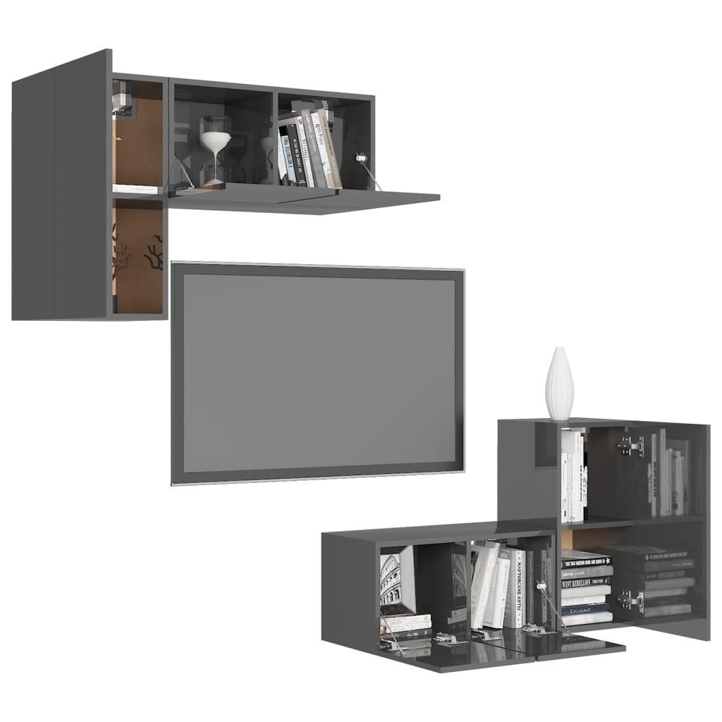 Set Mobili TV 4 pz Grigio Lucido in Legno Multistrato