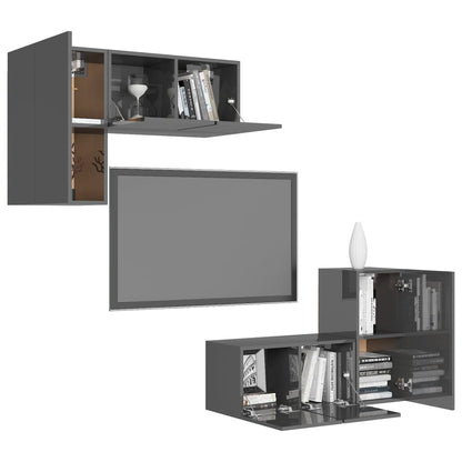 Set Mobili TV 4 pz Grigio Lucido in Legno Multistrato