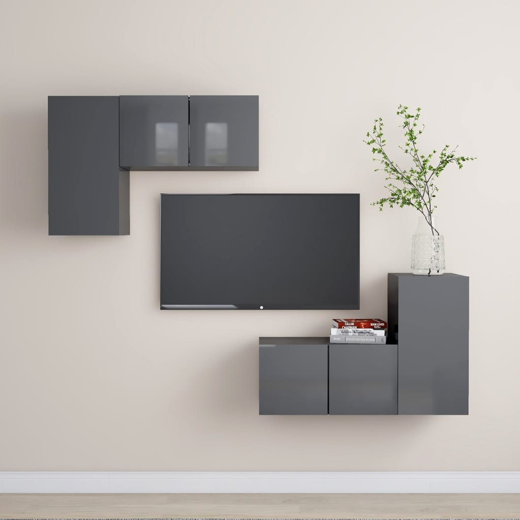Set Mobili TV 4 pz Grigio Lucido in Legno Multistrato