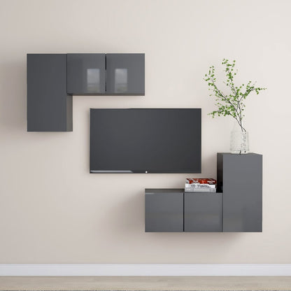 Set Mobili TV 4 pz Grigio Lucido in Legno Multistrato