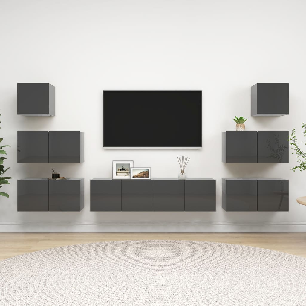 Set Mobili TV 8 pz Grigio Lucido in Legno Multistrato