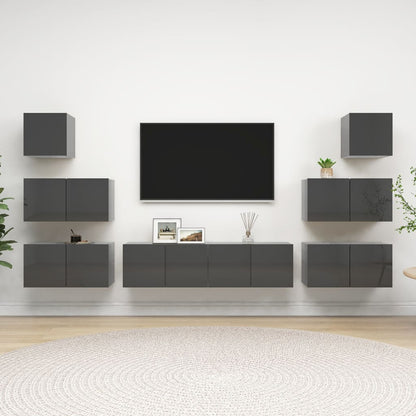Set Mobili TV 8 pz Grigio Lucido in Legno Multistrato