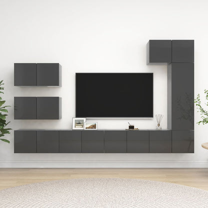Set Mobili TV 8 pz Grigio Lucido in Legno Multistrato
