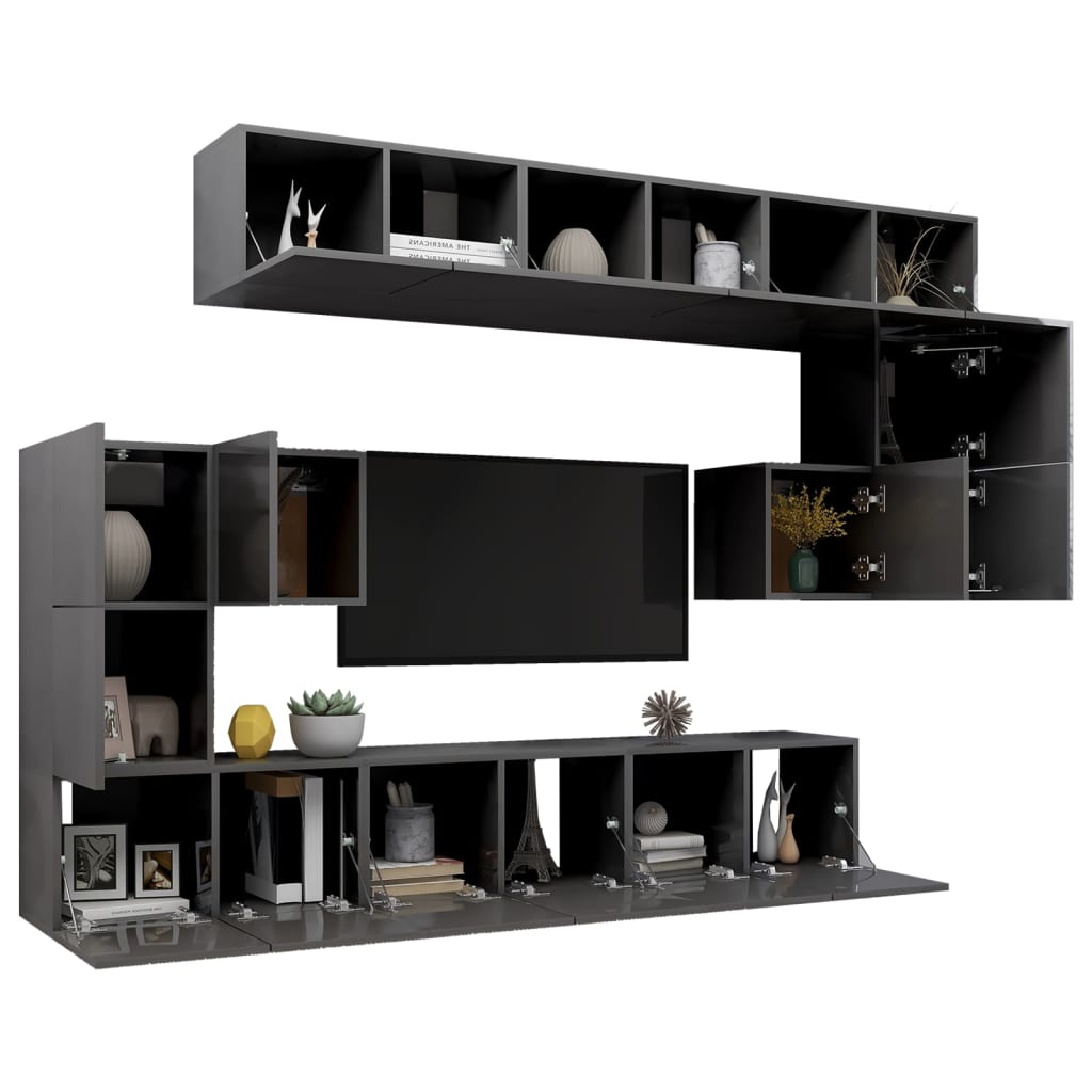 Set Mobili TV 10 pz Grigio Lucido in Legno Multistrato