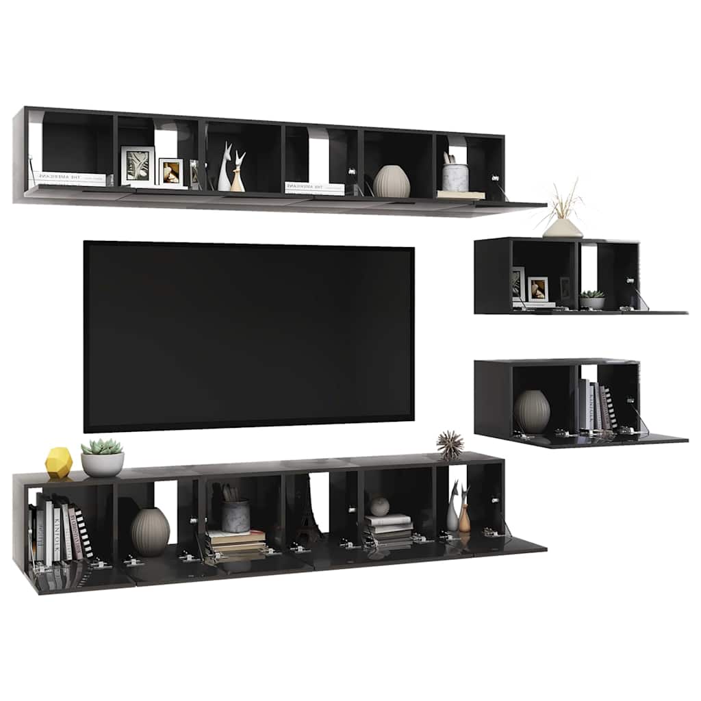 Mobili TV 8 pz Grigio Lucido in Legno Multistrato