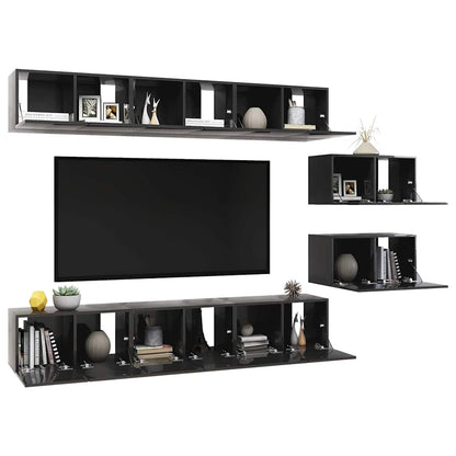Mobili TV 8 pz Grigio Lucido in Legno Multistrato