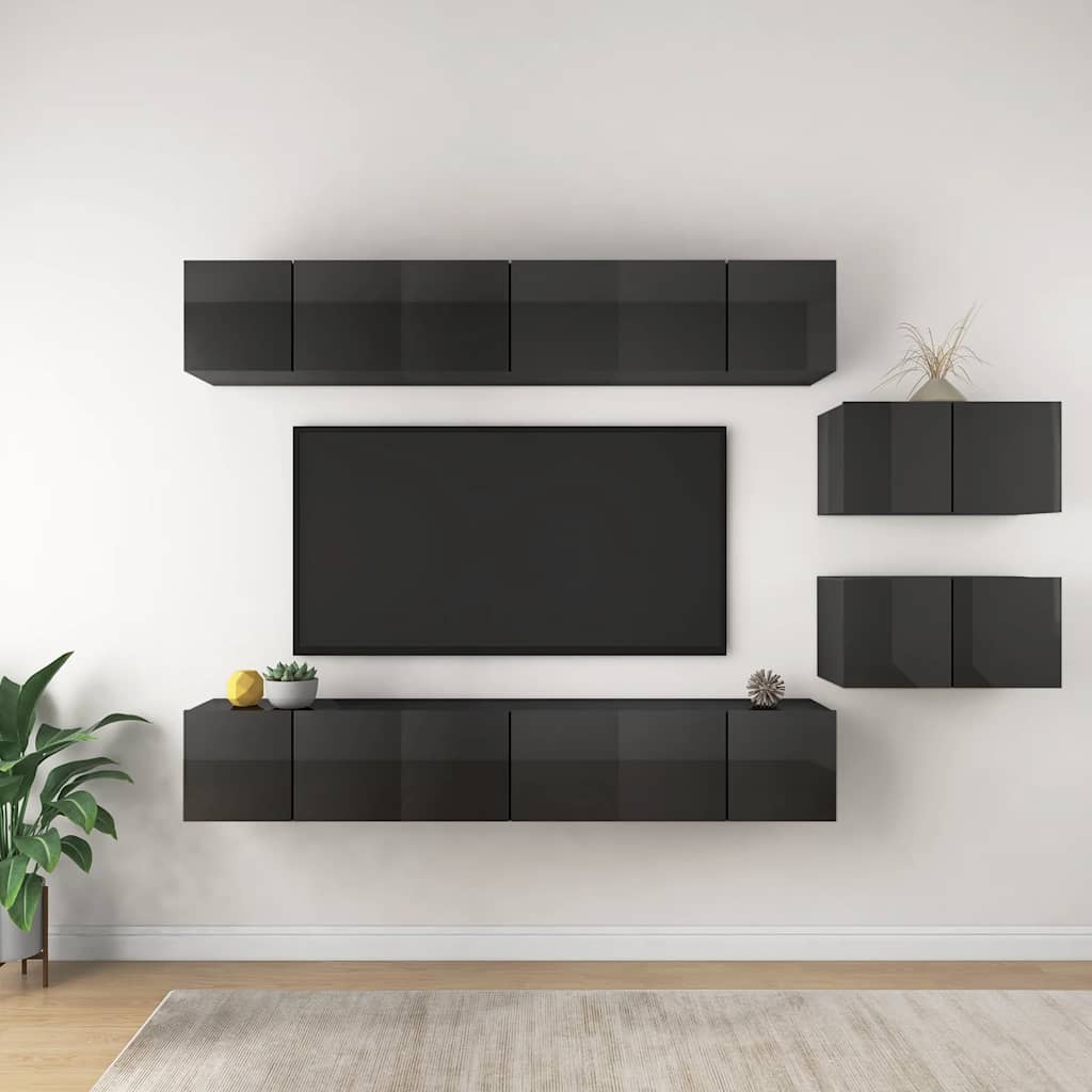 Mobili TV 8 pz Grigio Lucido in Legno Multistrato