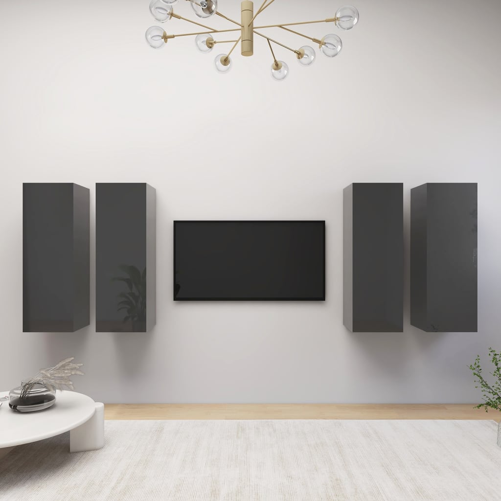 Mobili TV 4 pz Grigio Lucido 30,5x30x90 cm in Legno Multistrato