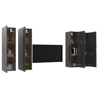 Mobili TV 4 pz Grigio Lucido 30,5x30x110 cm Legno Multistrato