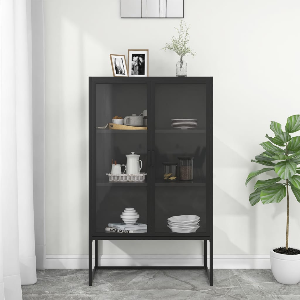 Credenza Alta Nera 80x35x135 cm in Acciaio e Vetro Temperato
