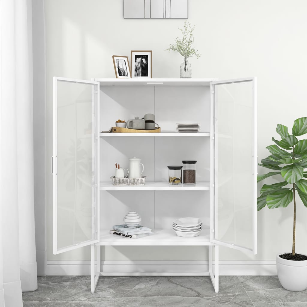 Credenza Alta Bianca 80x35x135 cm Acciaio e Vetro Temperato