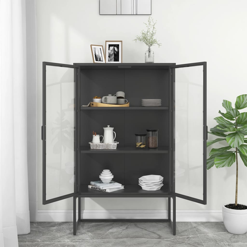 Credenza Alta Antracite 80x35x135 cm Acciaio e Vetro Temperato