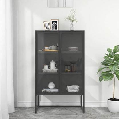 Credenza Alta Antracite 80x35x135 cm Acciaio e Vetro Temperato