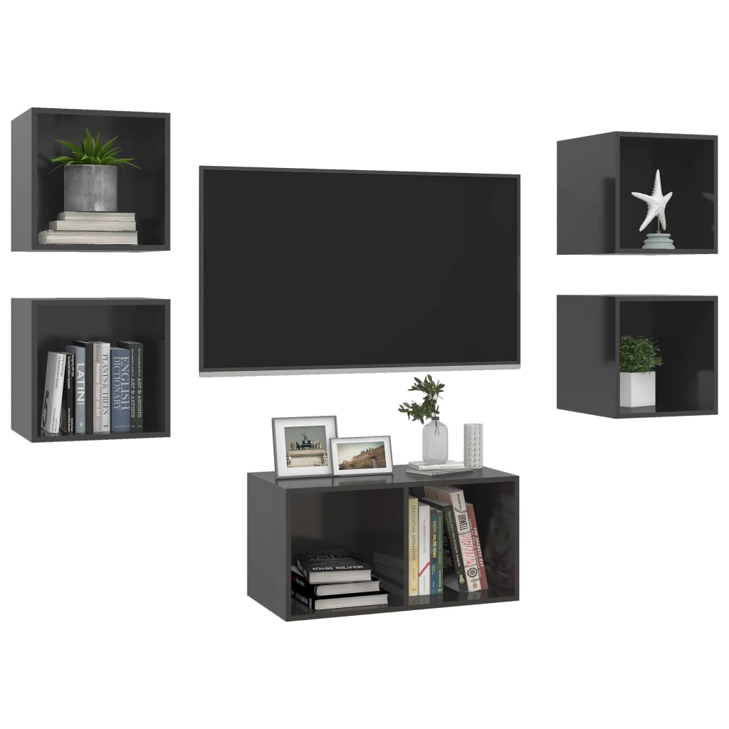 Set Mobili TV 5 pz Grigio Lucido in Legno Multistrato
