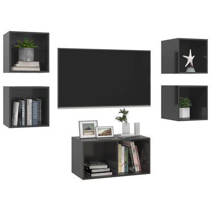 Set Mobili TV 5 pz Grigio Lucido in Legno Multistrato