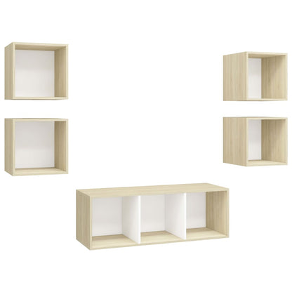 Set Mobili TV 5 pz Bianco e Rovere Sonoma in Legno Multistrato