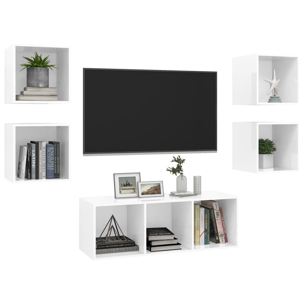 Set Mobili TV 5 pz Bianco Lucido in Legno Multistrato