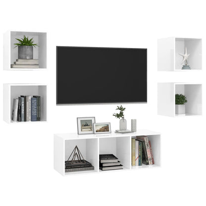 Set Mobili TV 5 pz Bianco Lucido in Legno Multistrato