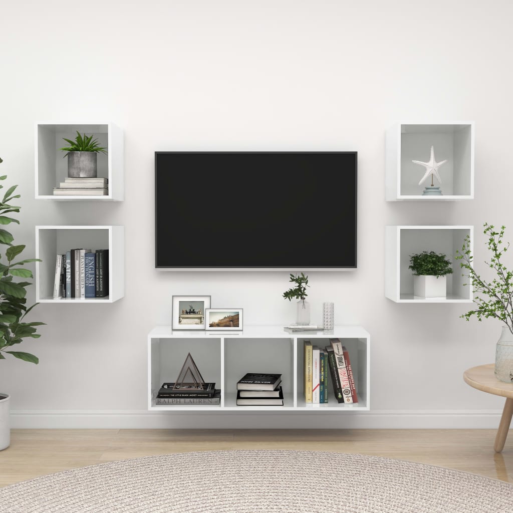 Set Mobili TV 5 pz Bianco Lucido in Legno Multistrato