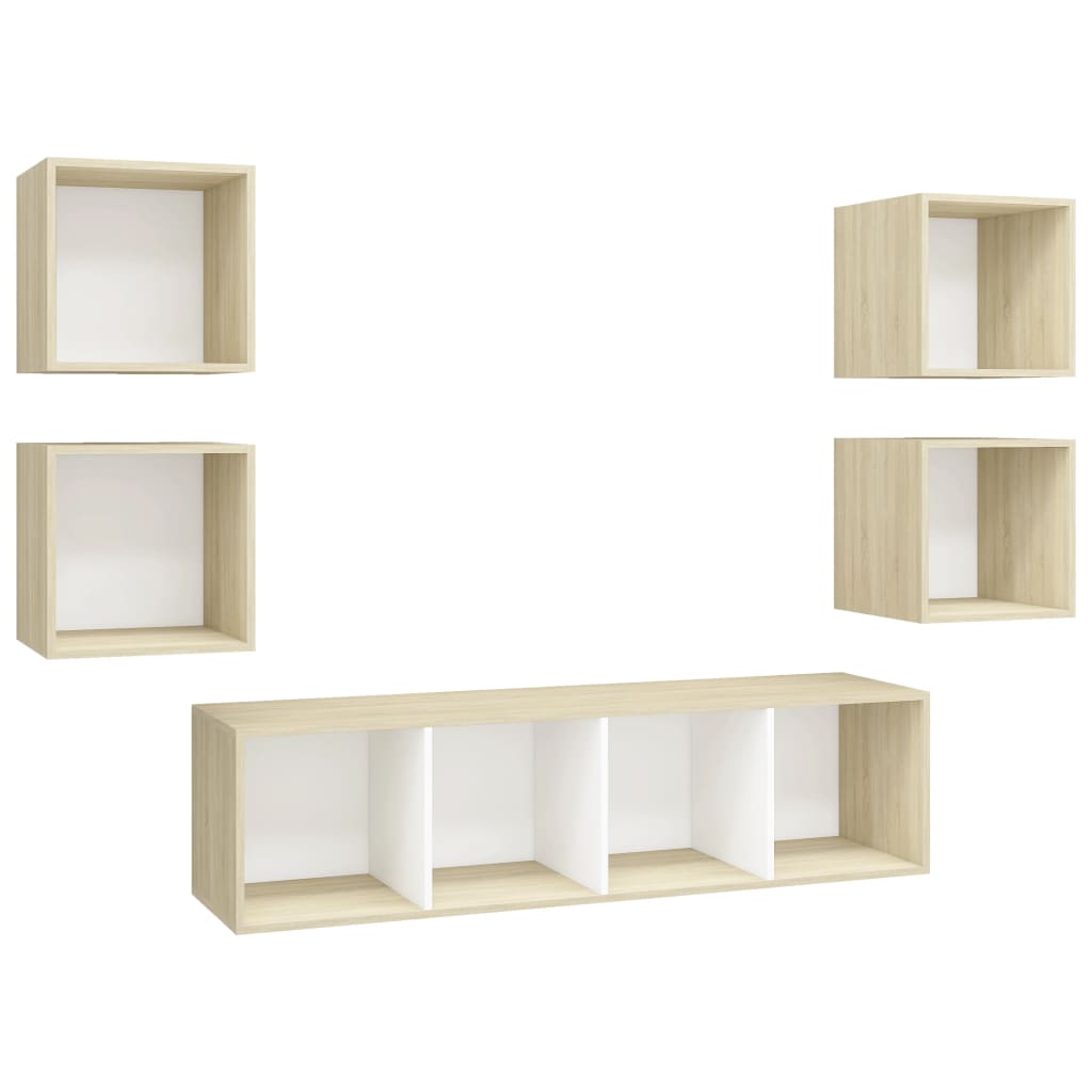 Set Mobili TV 5 pz Bianco e Rovere Sonoma in Legno Multistrato