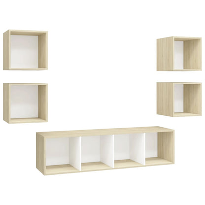 Set Mobili TV 5 pz Bianco e Rovere Sonoma in Legno Multistrato