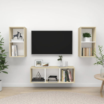 Set Porta TV 3 pz Bianco e Rovere Sonoma in Truciolato
