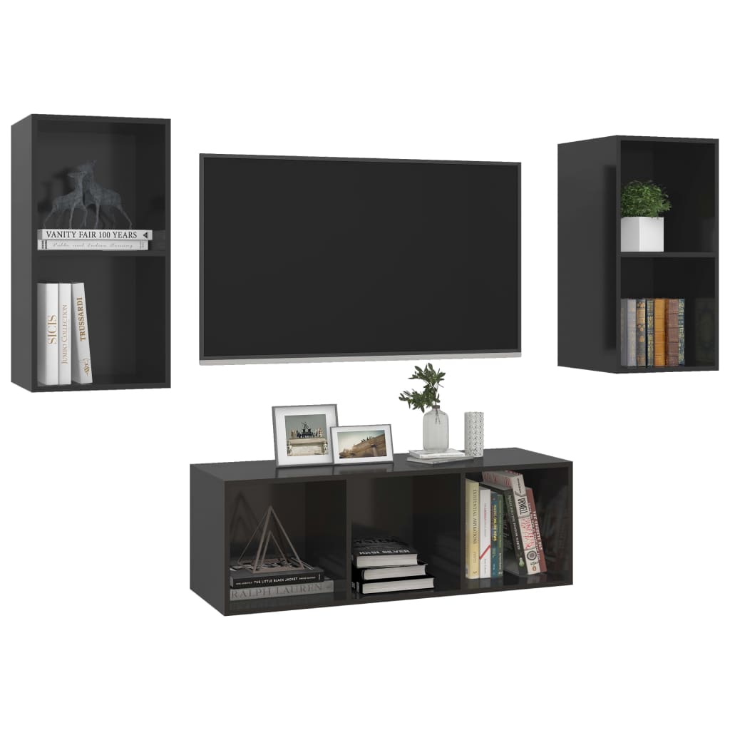 Set Mobile TV 3 pz Nero Lucido in Truciolato