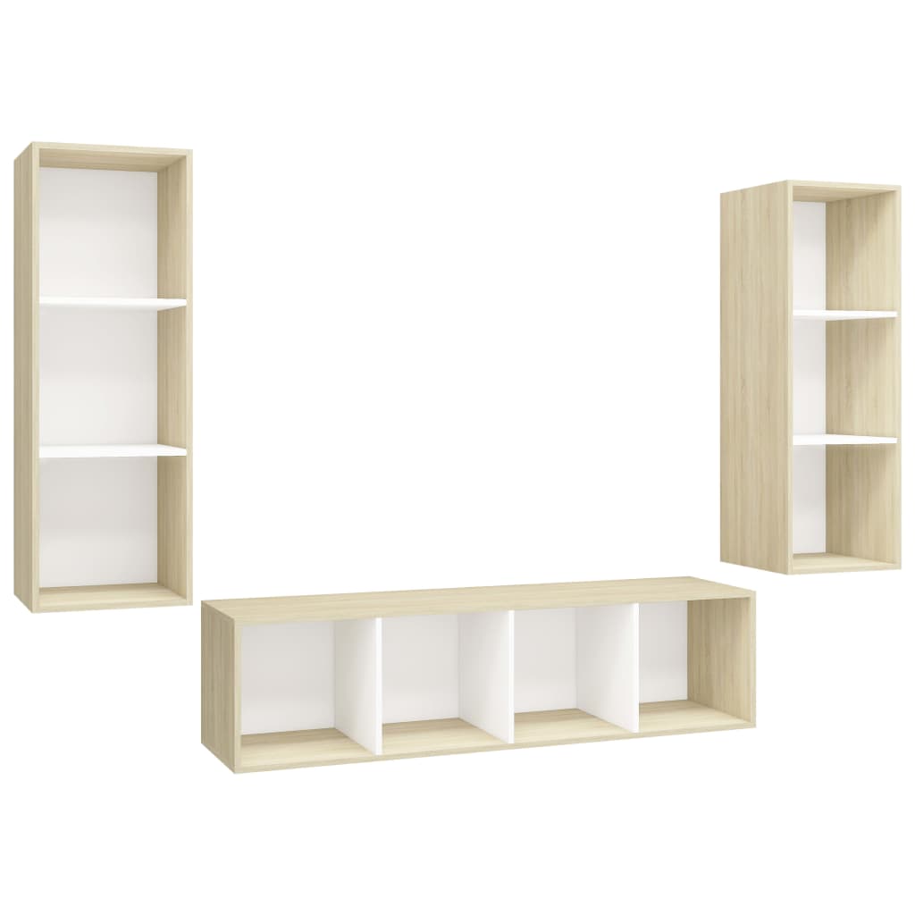 Set Porta TV 3 pz Bianco e Rovere Sonoma in Truciolato