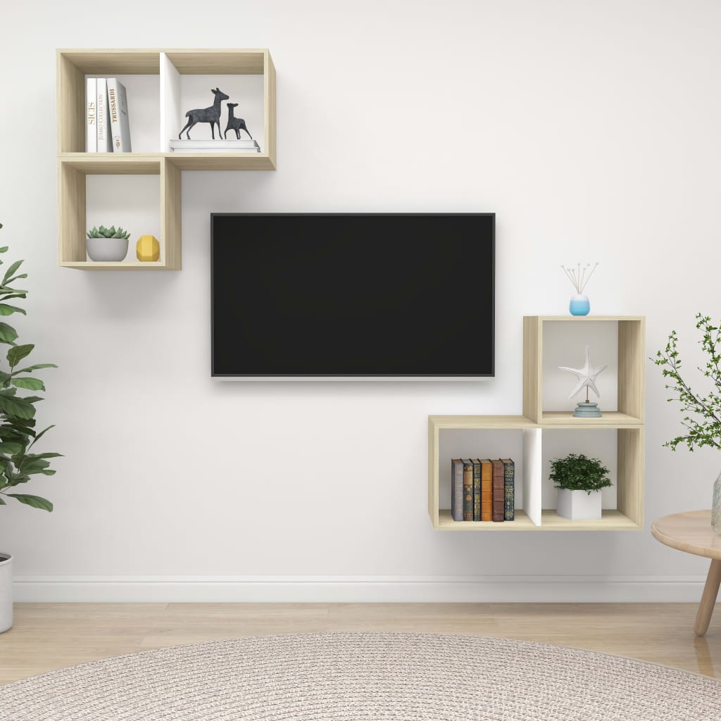 Set Porta TV 4 pz Bianco e Rovere Sonoma in Truciolato