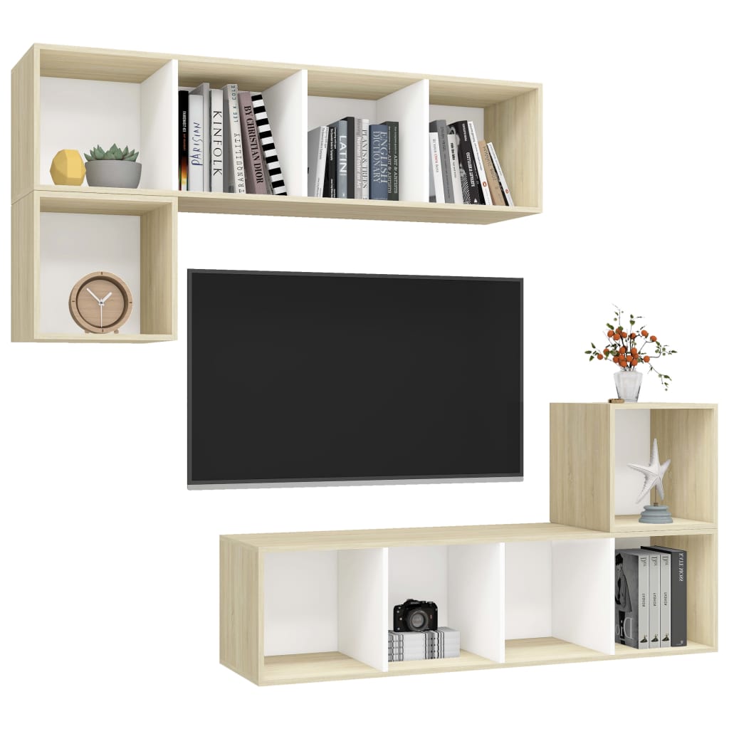 Set Porta TV 4 pz Bianco e Rovere Sonoma in Truciolato