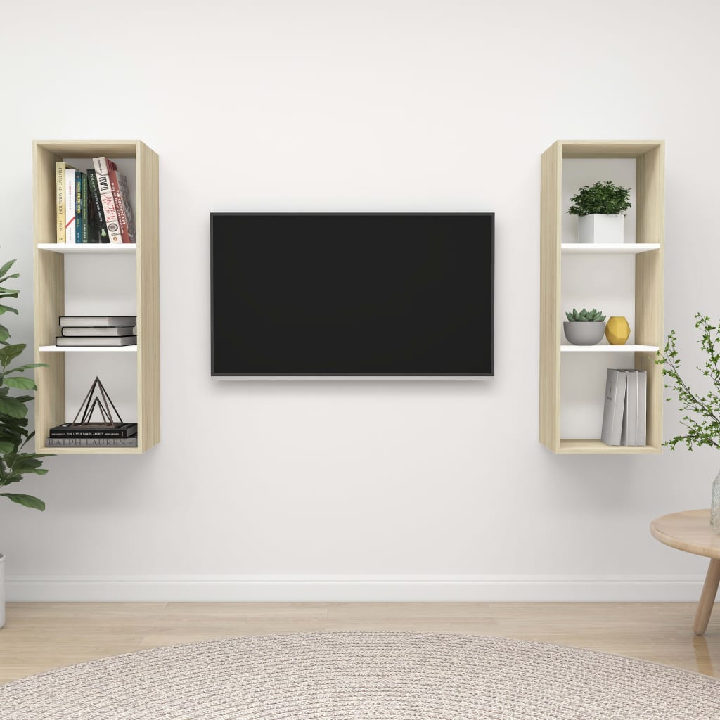 Mobile TV a Parete 2 pz Bianco e Rovere Sonoma in Truciolato