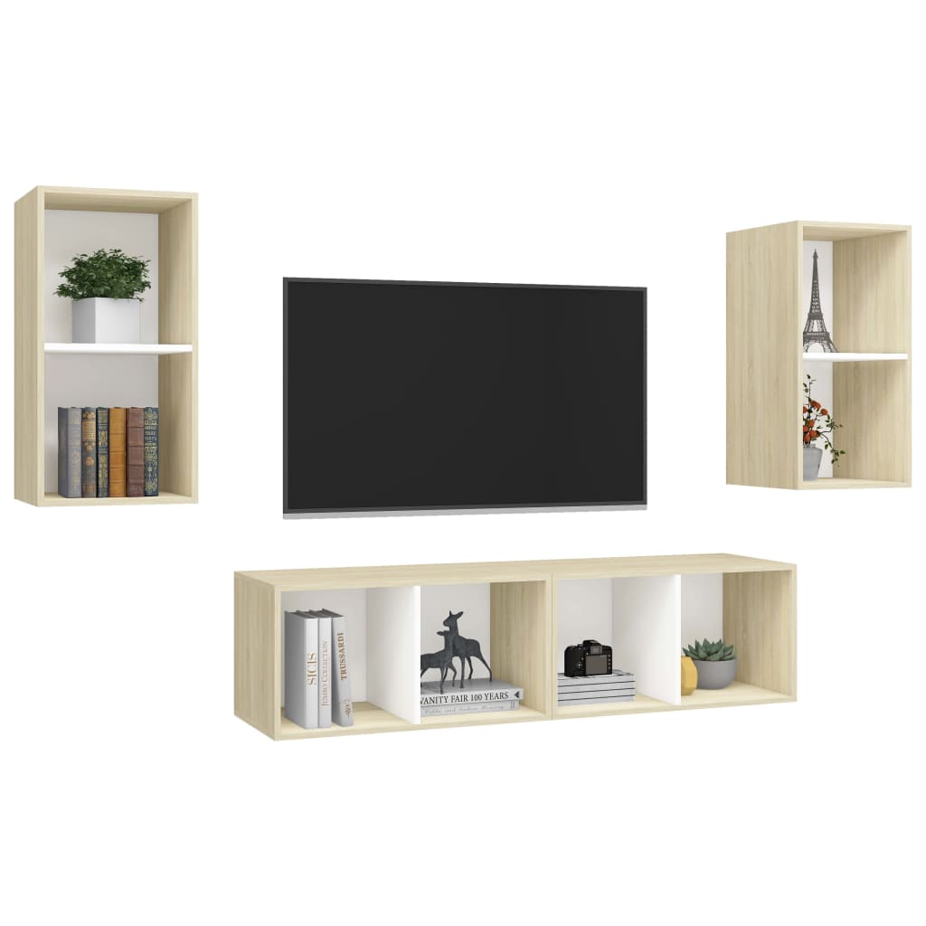 Mobile TV a Parete 4 pz Bianco e Rovere Sonoma in Truciolato