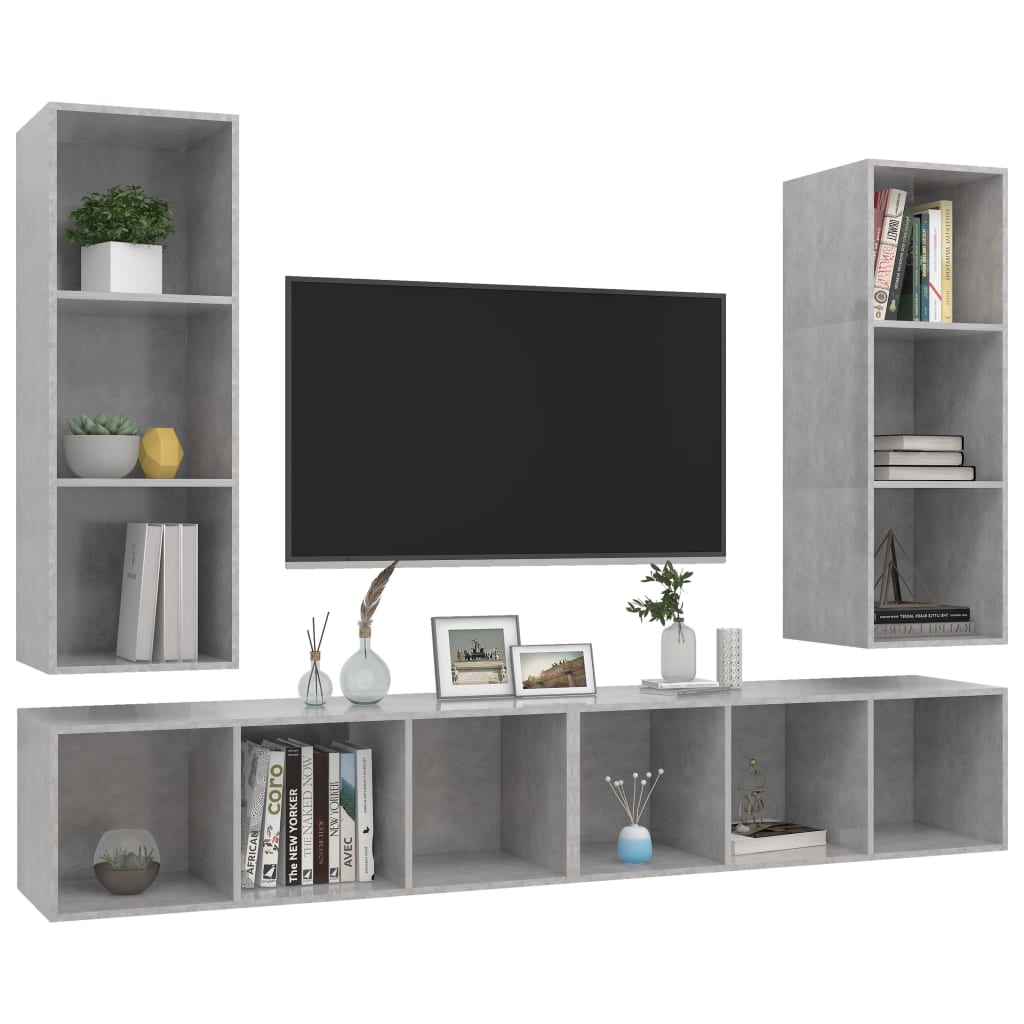 Mobile TV a Parete 4 pz Grigio Cemento in Truciolato