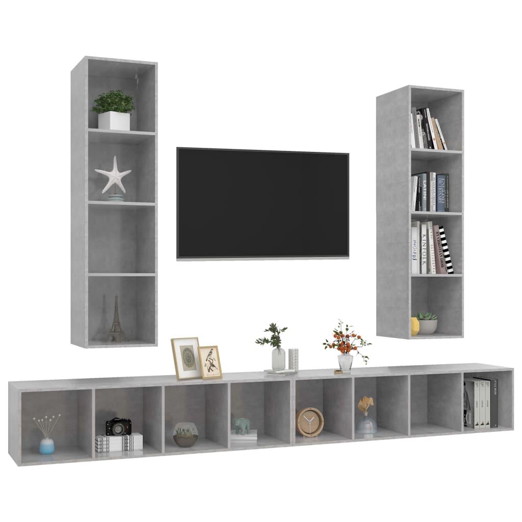Mobile TV a Parete 4 pz Grigio Cemento in Legno Multistrato